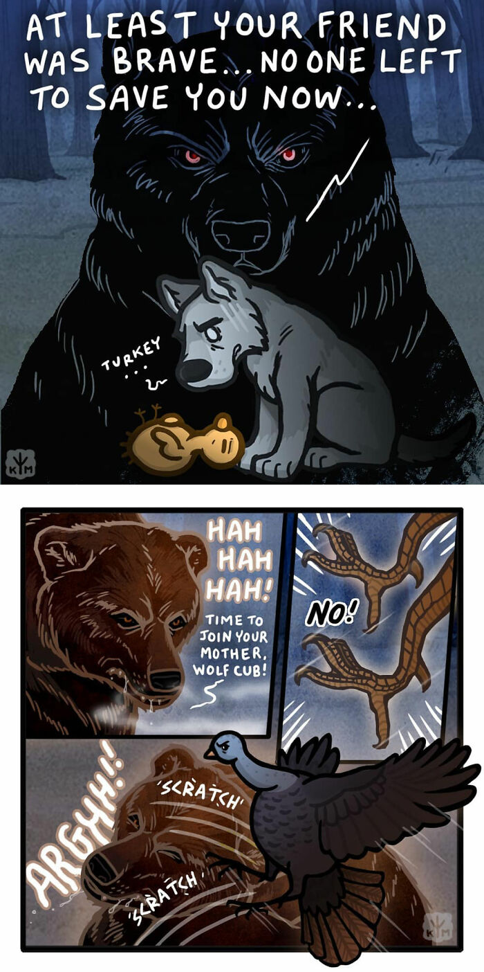 Comic with wolf and turkey facing a bear, depicting a tense and brave rescue moment.