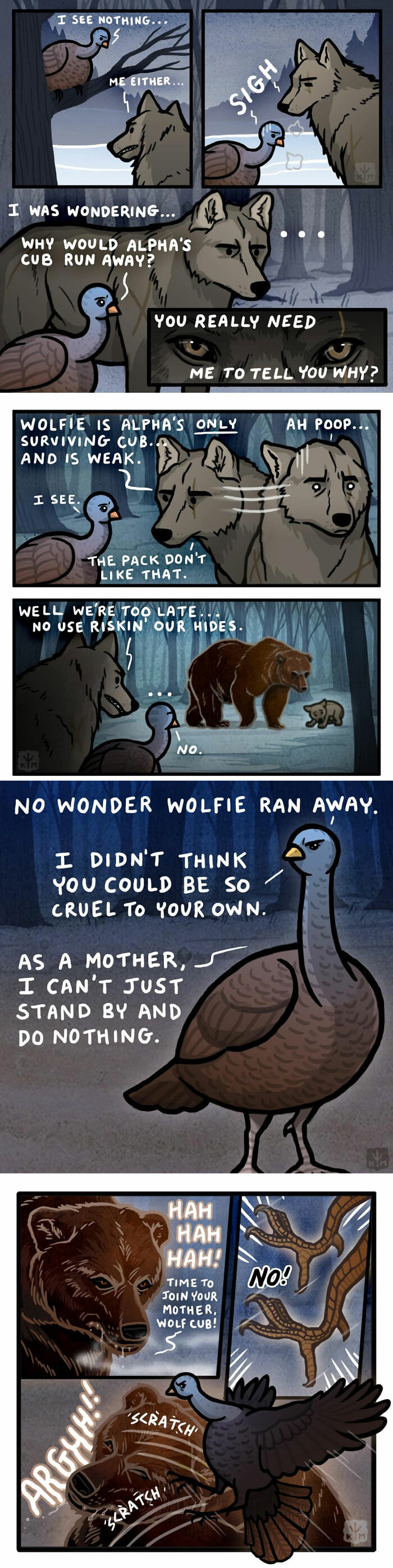 Comic scene of a turkey and wolf in a forest, capturing emotional moments and a bear encounter.