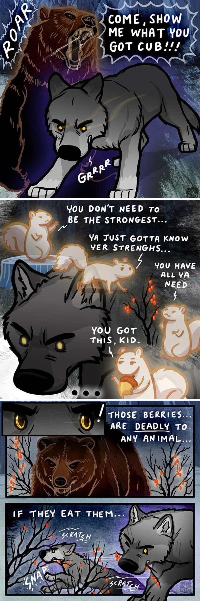 Comic scene featuring a determined wolf facing a bear, offering wisdom and strategy to overcome challenges.