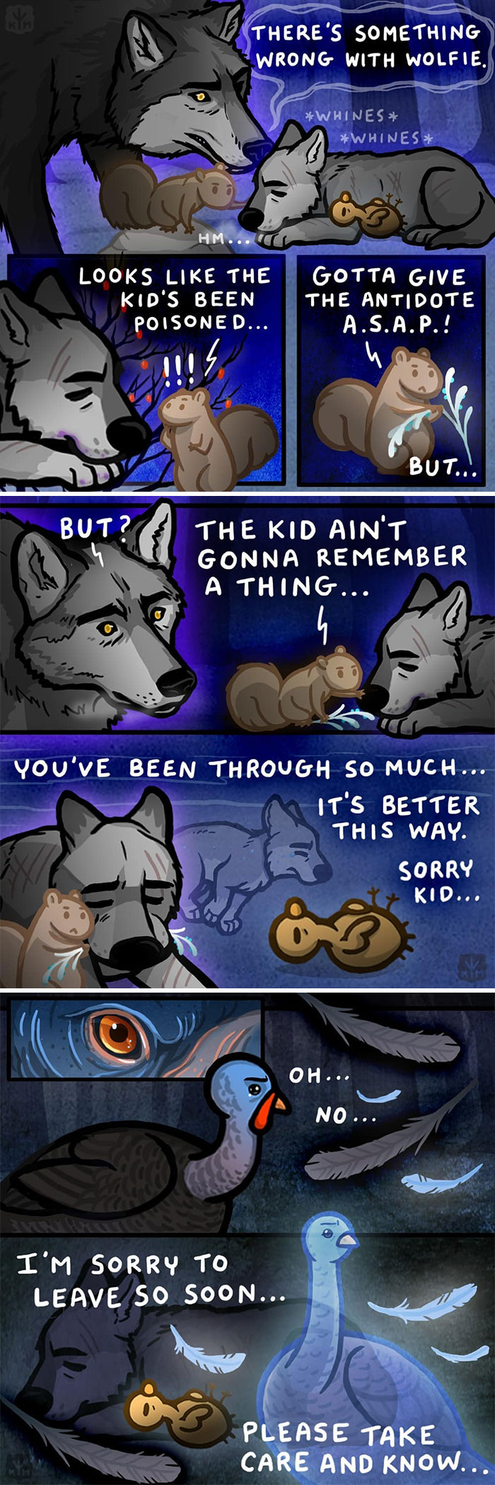 Comic strip by Kitty Moon showing a turkey and a wolf in an emotional scene.