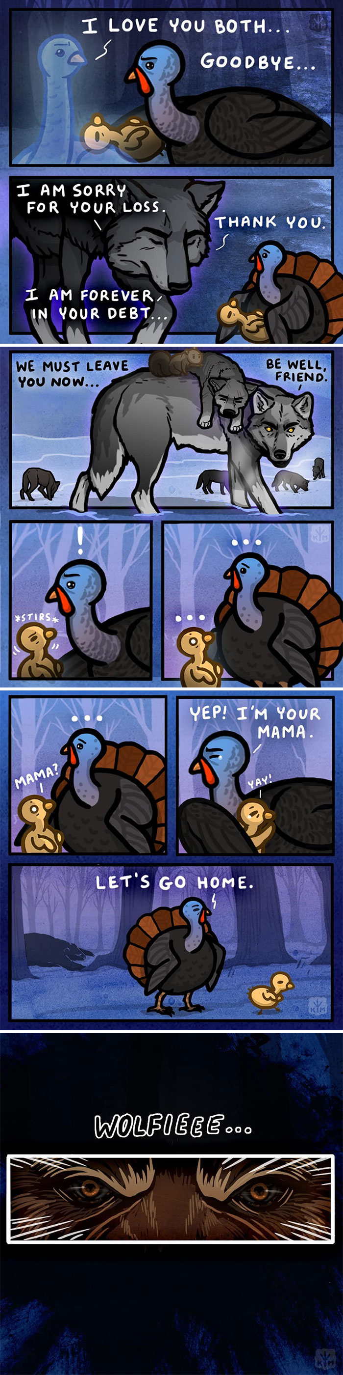 Comic strip by Kitty Moon featuring a heartfelt interaction between a turkey and a wolf.