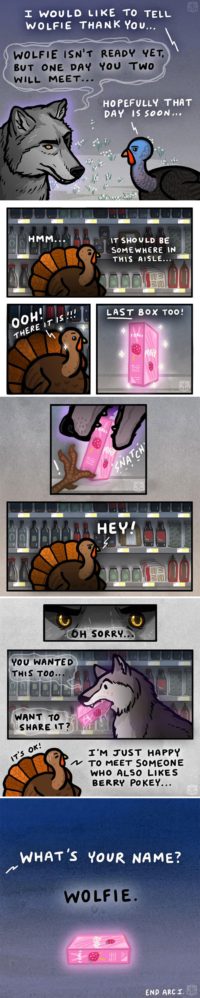 Comic by Kitty Moon featuring a turkey meeting a wolf while shopping for berry pokey, highlighting friendship.