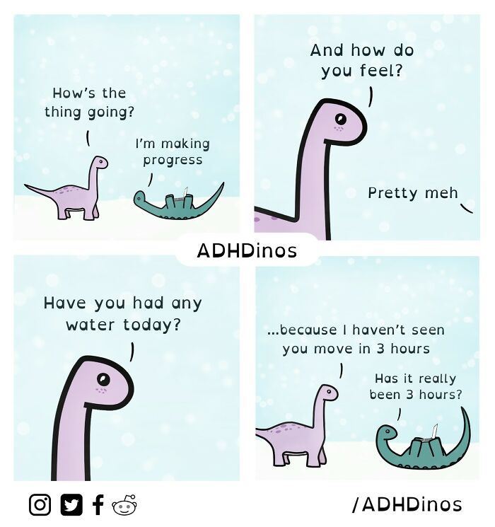 Cartoon dinosaurs discuss ADHD-related challenges and humor, highlighting relatable scenarios in light-hearted dialogues.