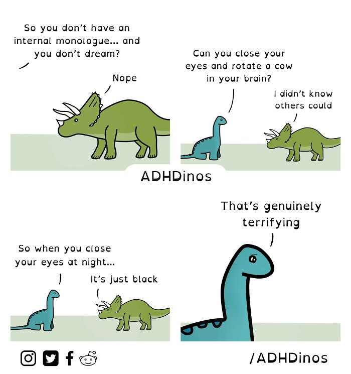 Cartoon dinosaurs humorously discussing ADHD challenges; one dinosaur describes difficulty visualizing images in the mind.