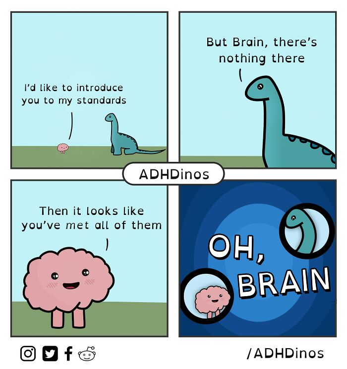 Cartoon of Adhdinos featuring a dinosaur and a brain humorously discussing standards.