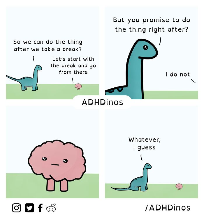 Cartoon dinosaurs discussing ADHD: one asks about doing tasks after a break, the other responds humorously with doubt.