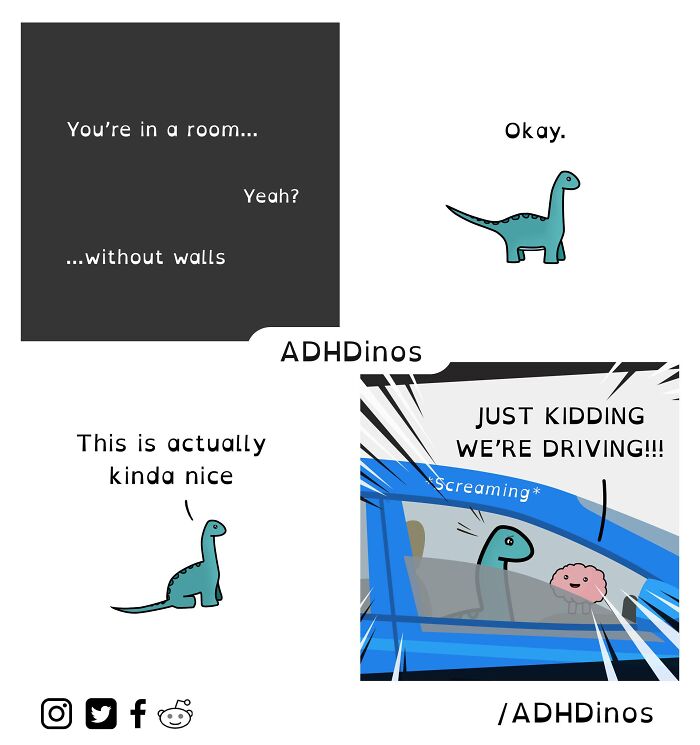 Cartoon dinosaur humorously navigating life with ADHD, featuring a lighthearted twist on being in a "room without walls."