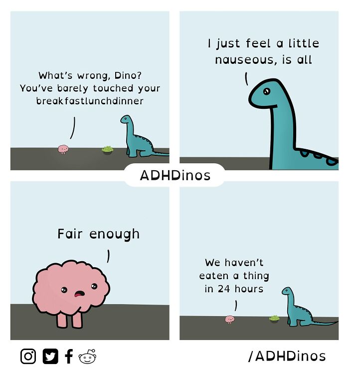 ADHDinos comic with a dinosaur feeling nauseous and a brain character discussing meal timing humorously.