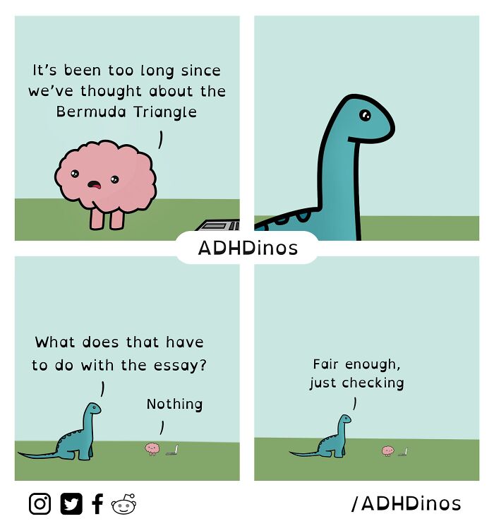 Cartoon dinosaurs humorously discussing ADHD distractions and essays.