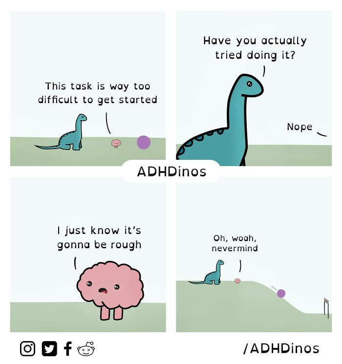 Cartoon dinosaurs humorously depicting the chaos of ADHD with relatable dialogue.