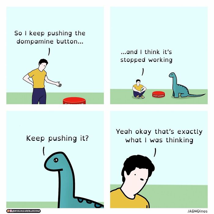 Cartoon of a person and dinosaur humorously discussing the dopamine button, related to ADHD chaos.