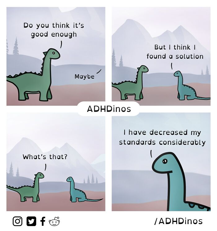 Cartoon dinosaurs humorously discussing ADHD challenges and solutions in a comic strip format.