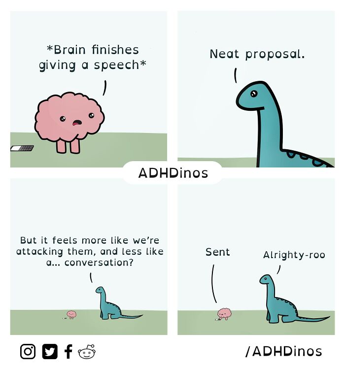 Adhdinos comic featuring a brain and dinosaur humorously discussing ADHD chaos.