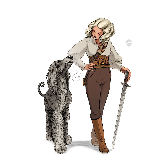 Illustrated character with a large furry creature companion, holding a sword, conveying a fantasy theme.