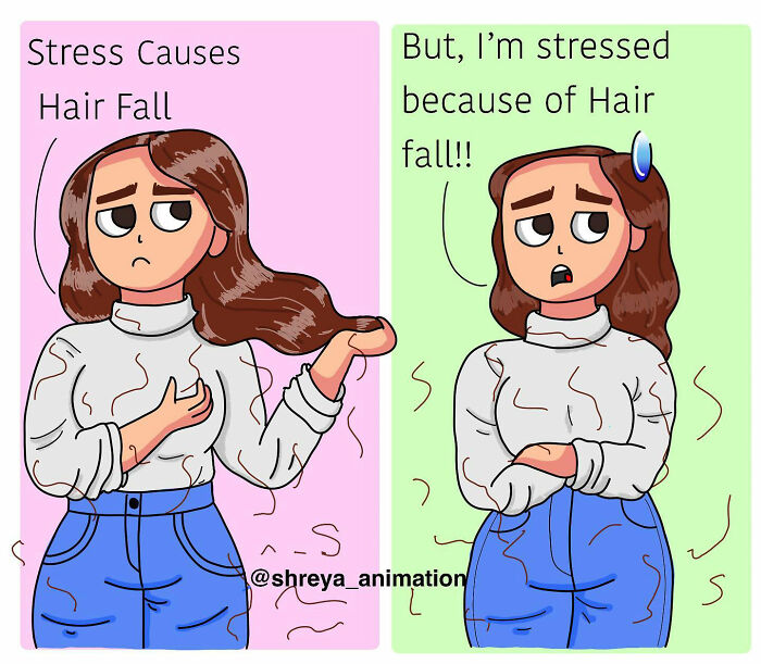 Comic of woman humorously depicting stress and hair fall challenges.