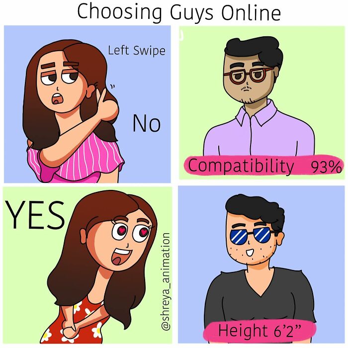 Comic illustrating the humor in online dating, with a woman swiping left and right based on different criteria.