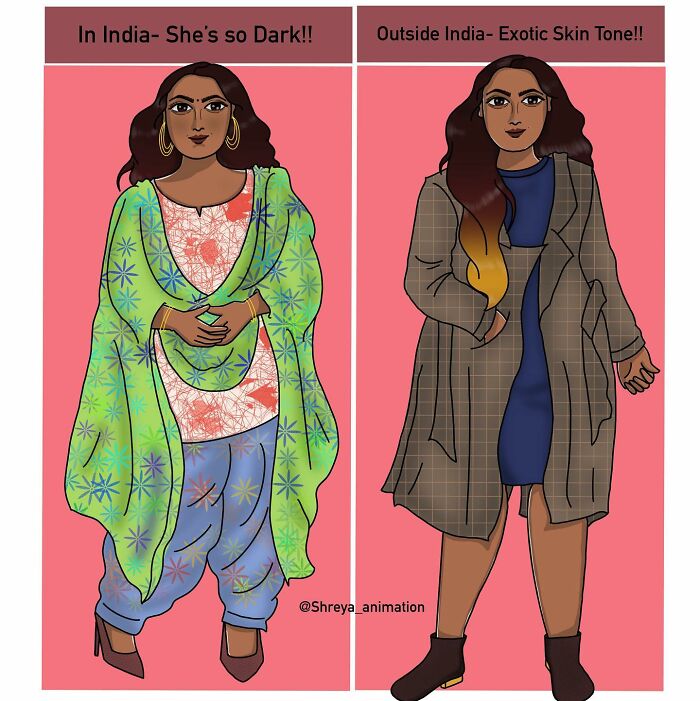 Comic illustrating the humor in struggles of being a woman, depicting cultural perceptions of skin tone in different countries.