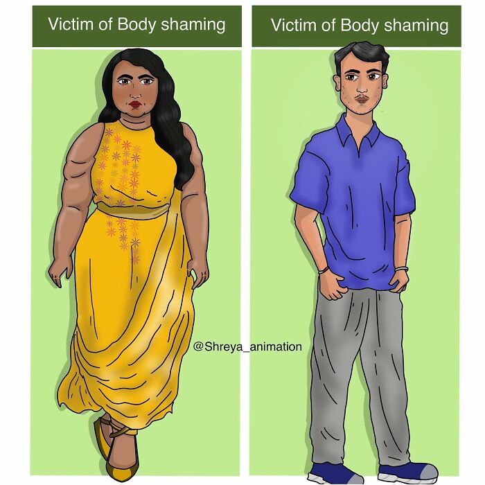 Comic highlighting everyday struggles, showing a woman and a man as victims of body shaming.