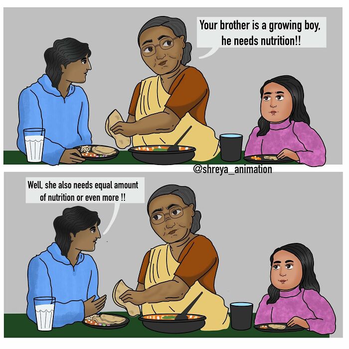 Comic illustrating the humor in everyday struggles of being a woman, featuring a family discussing nutrition.