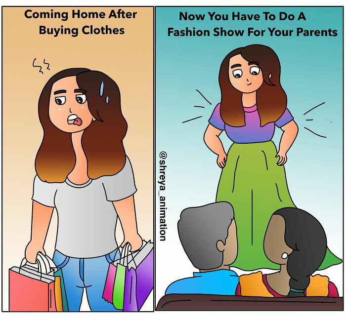 Comic depicting a woman's humorous struggle of showing new clothes to her parents.