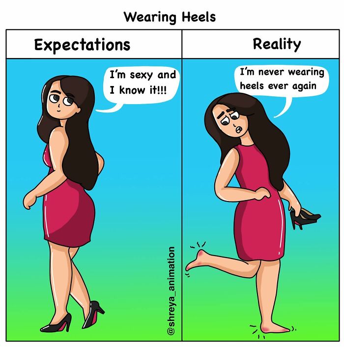 Comic strip humorously depicting the struggles of wearing heels, showing expectations versus reality for women.