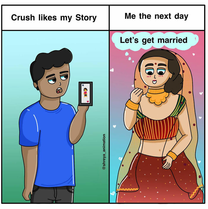 Comic depicting humor in everyday struggles of being a woman; a crush likes her story, she imagines getting married.