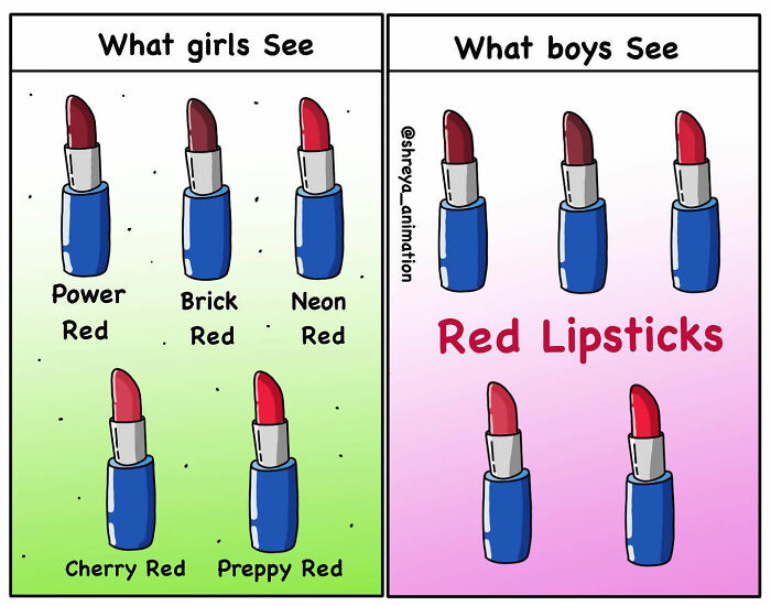 Comic depicting humor in women's lipstick color perception vs. men's view.