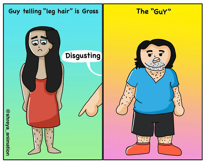 Comic illustrating humor in everyday female struggles with leg hair and societal expectations.