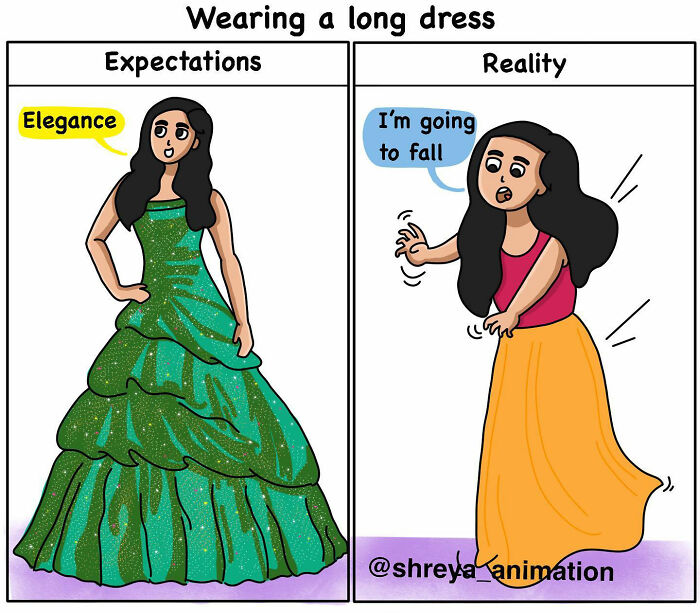 Comic depicting humor in women's struggles with long dresses, expectations vs. reality.