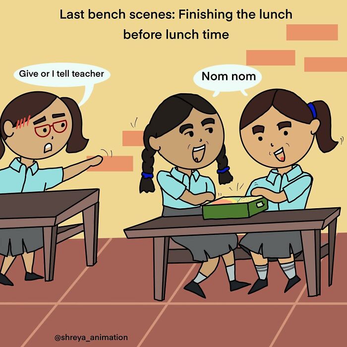 Funny comic of schoolgirls finishing lunch early; one threatens to tell the teacher.