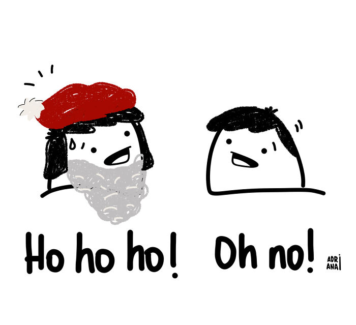 Cartoon illustrating irony with a Santa character saying "Ho ho ho!" and another character responding "Oh no!".