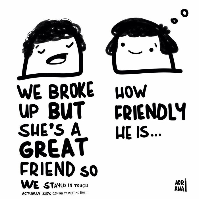 Illustration showing real-life irony with two characters discussing post-breakup friendship.