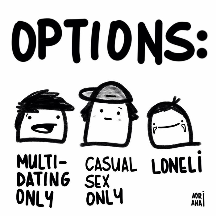 Cartoon illustrating real-life ironies with three characters showing dating options: multi-dating, casual sex, and loneliness.