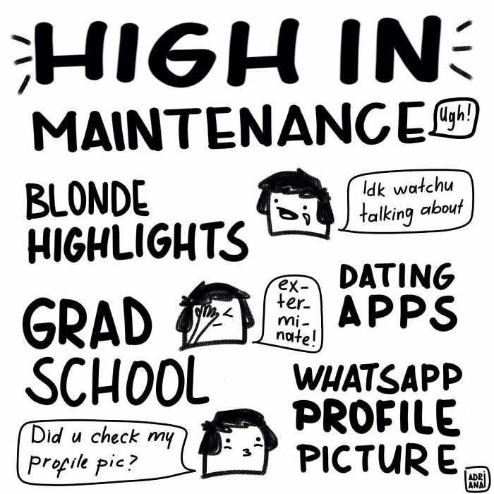 Comic-style illustration depicting real-life ironies with phrases like "high maintenance," "grad school," and "dating apps."