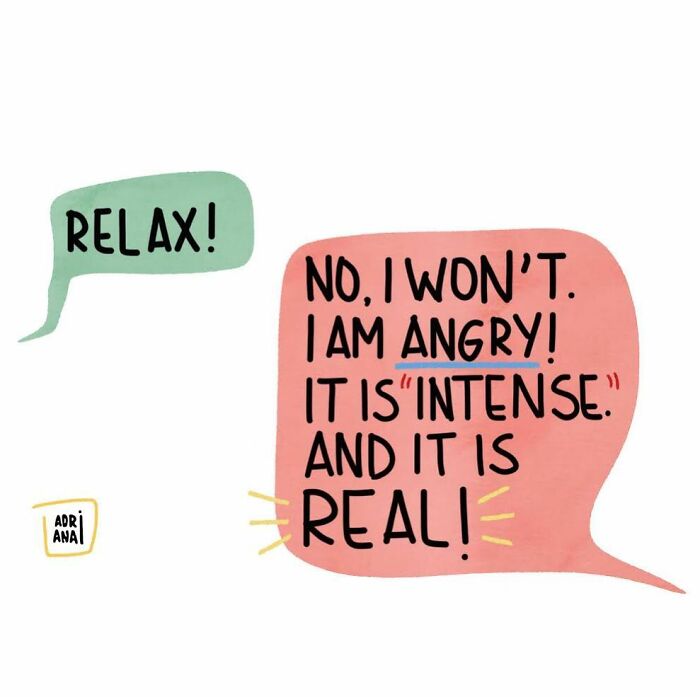 Comic illustration of speech bubbles depicting real-life irony about anger and intensity.