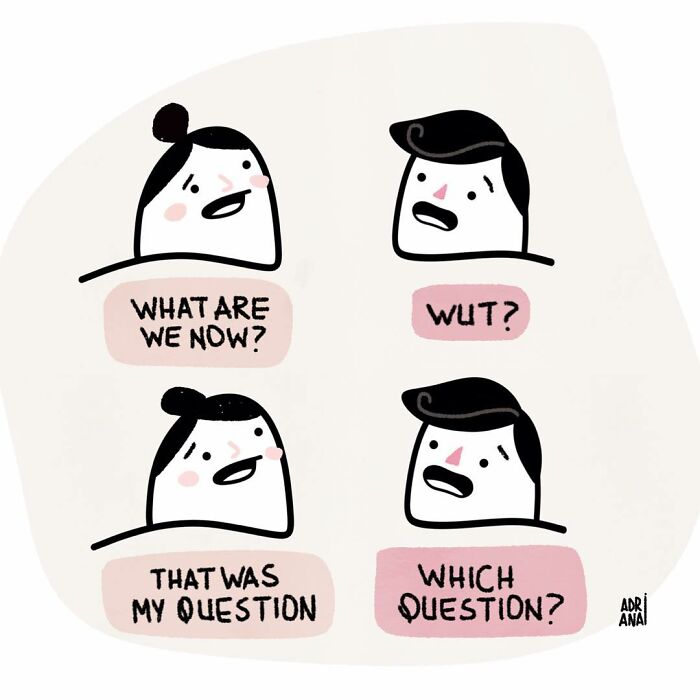 Illustration of characters humorously discussing an ironic question, highlighting real-life issues.