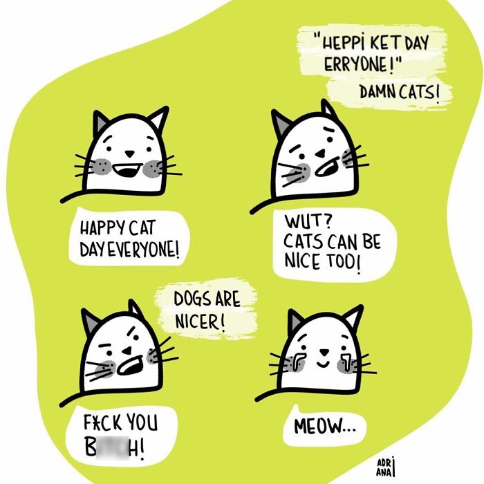 Comic of cats humorously debating between cat and dog preferences.