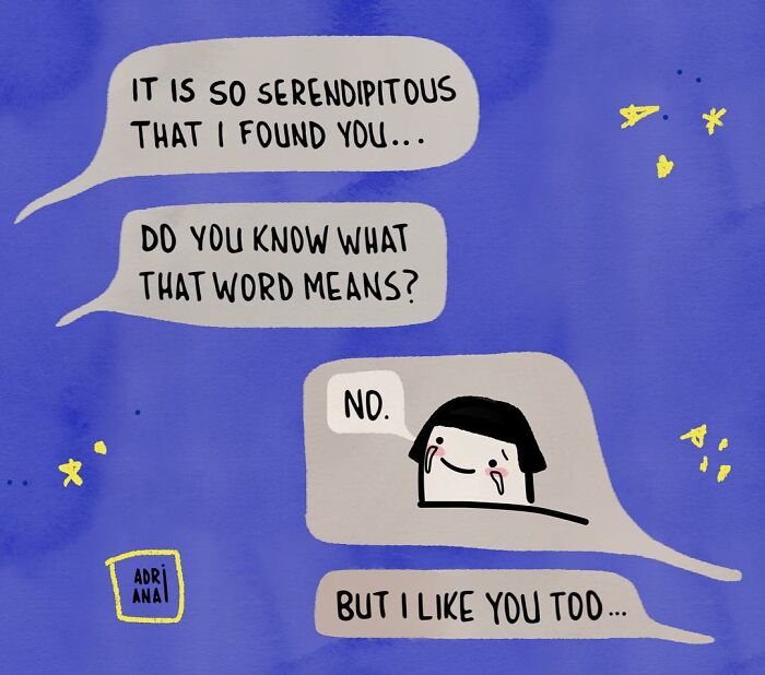 Cartoon illustration humorously depicting real-life irony through a playful conversation about serendipity.