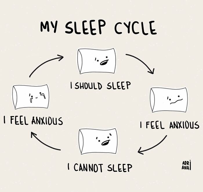 Cartoon illustrating a humorous and ironic sleep cycle with anxious pillow expressions.