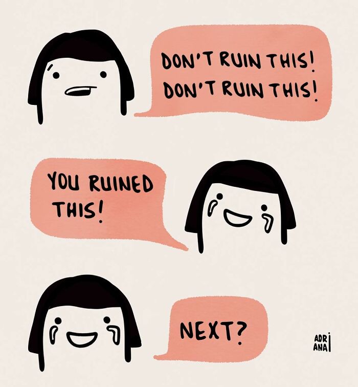 Comic illustration of two characters discussing ruin with irony; one says "Next?" after ruining something.