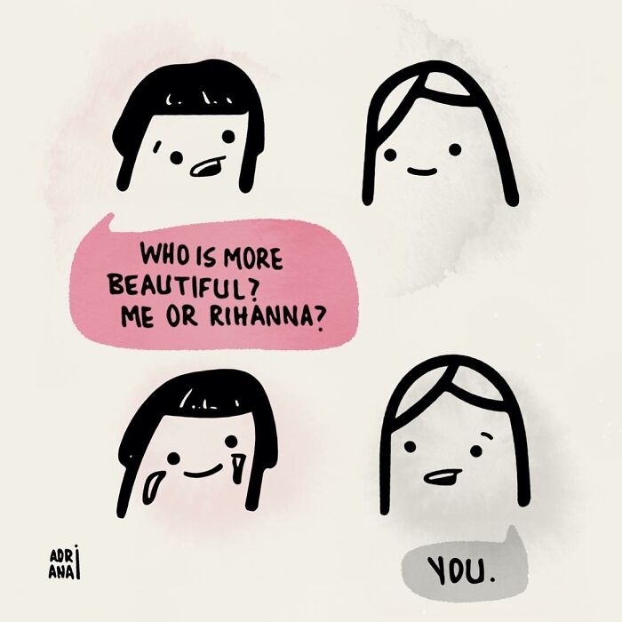 Comic illustration showing irony: one character asks, "Who is more beautiful, me or Rihanna?" The response is humorously "You."