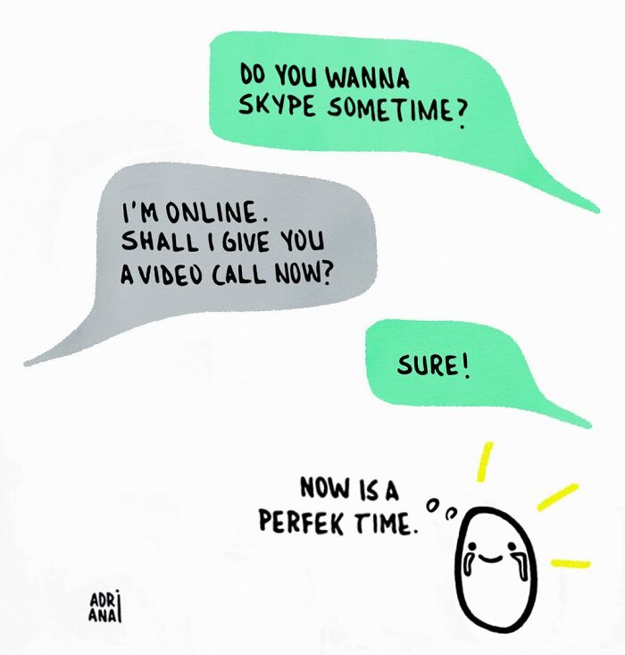 Illustration of a humorous conversation about video calling, reflecting real-life ironies.