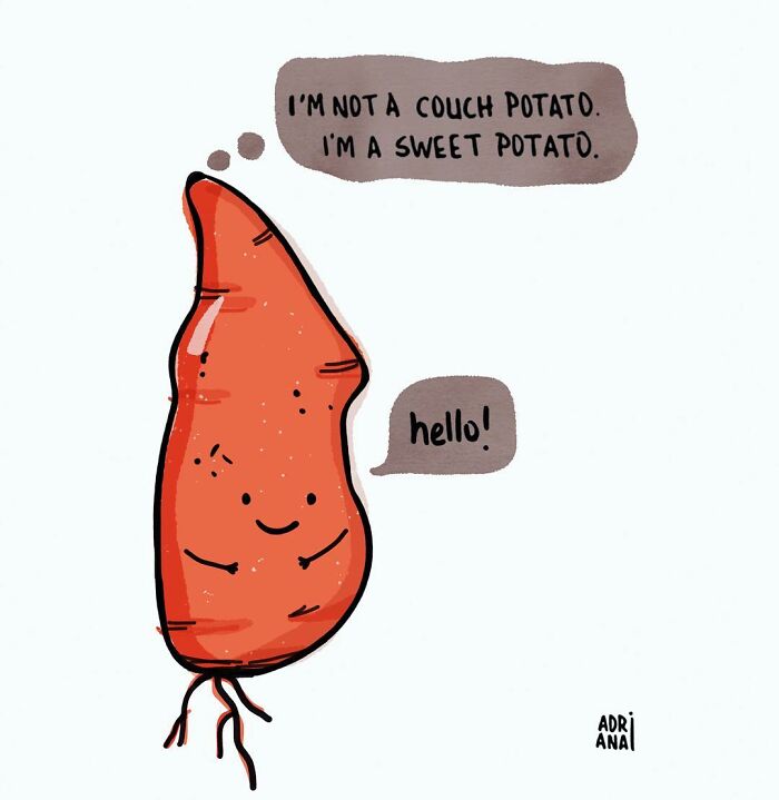 Illustration of a smiling sweet potato with speech bubbles, addressing real-life ironies and issues humorously.