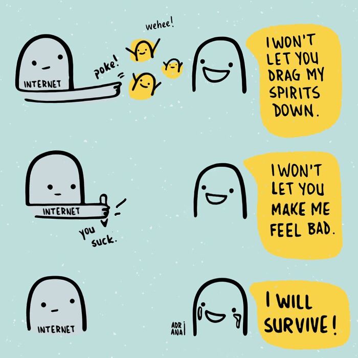 Illustration of internet irony showing resilience against negative comments, with cartoon characters and positive affirmations.