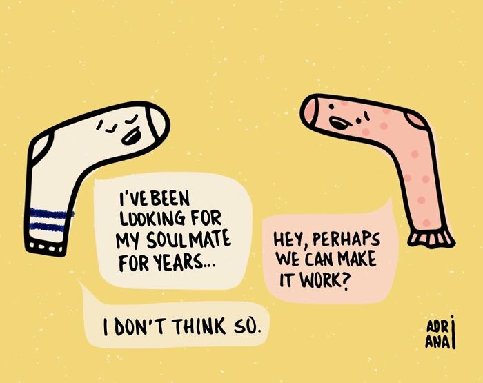 Illustration of two socks discussing real-life ironies about finding their soulmate.