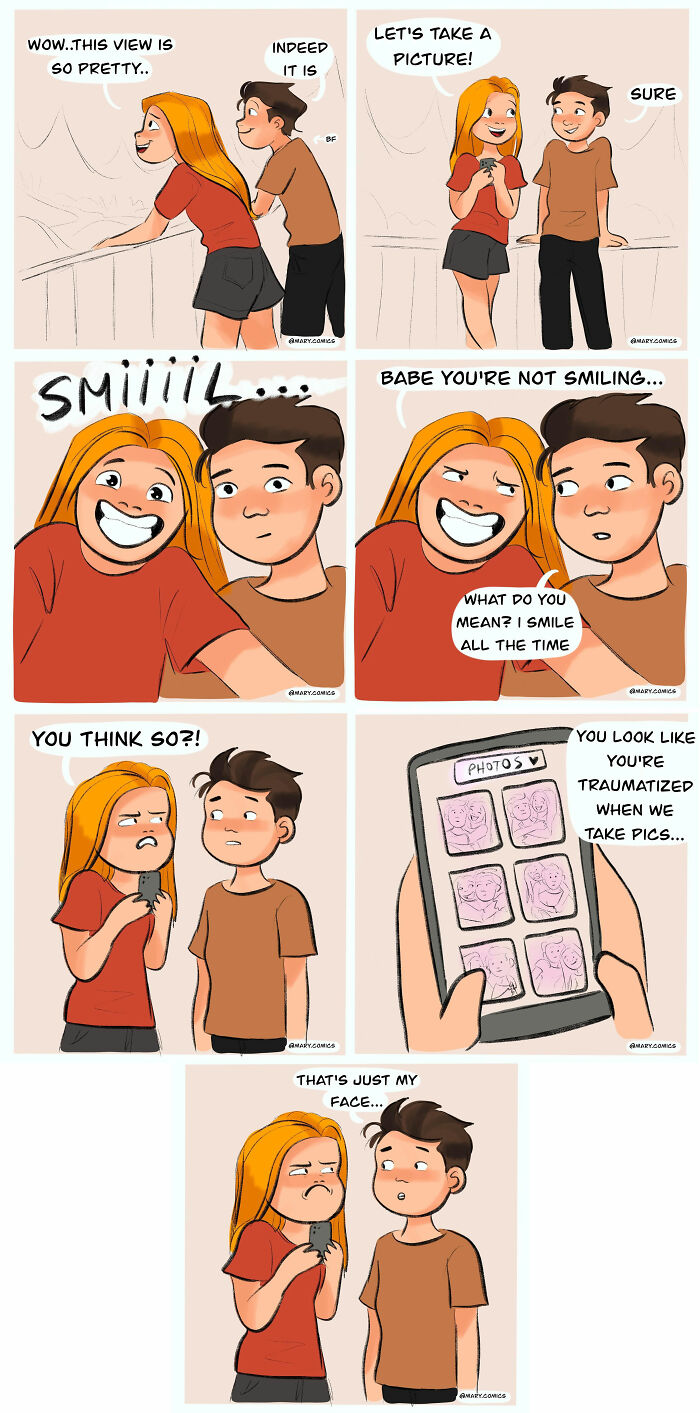 Humorous comic depicting a couple taking a selfie, with a focus on the girl's awkward smiling face.