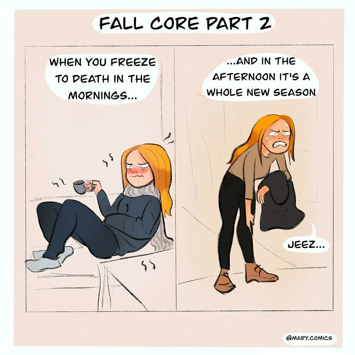 Humorous comic about fall weather: a person bundled in the morning but sweating by afternoon.