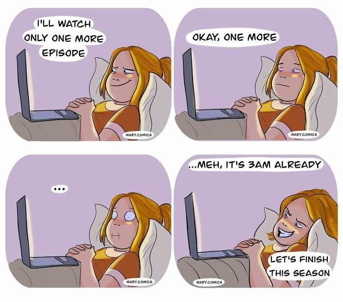 Humorous comic of a girl binge-watching late at night, relating to young people's habits with streaming.