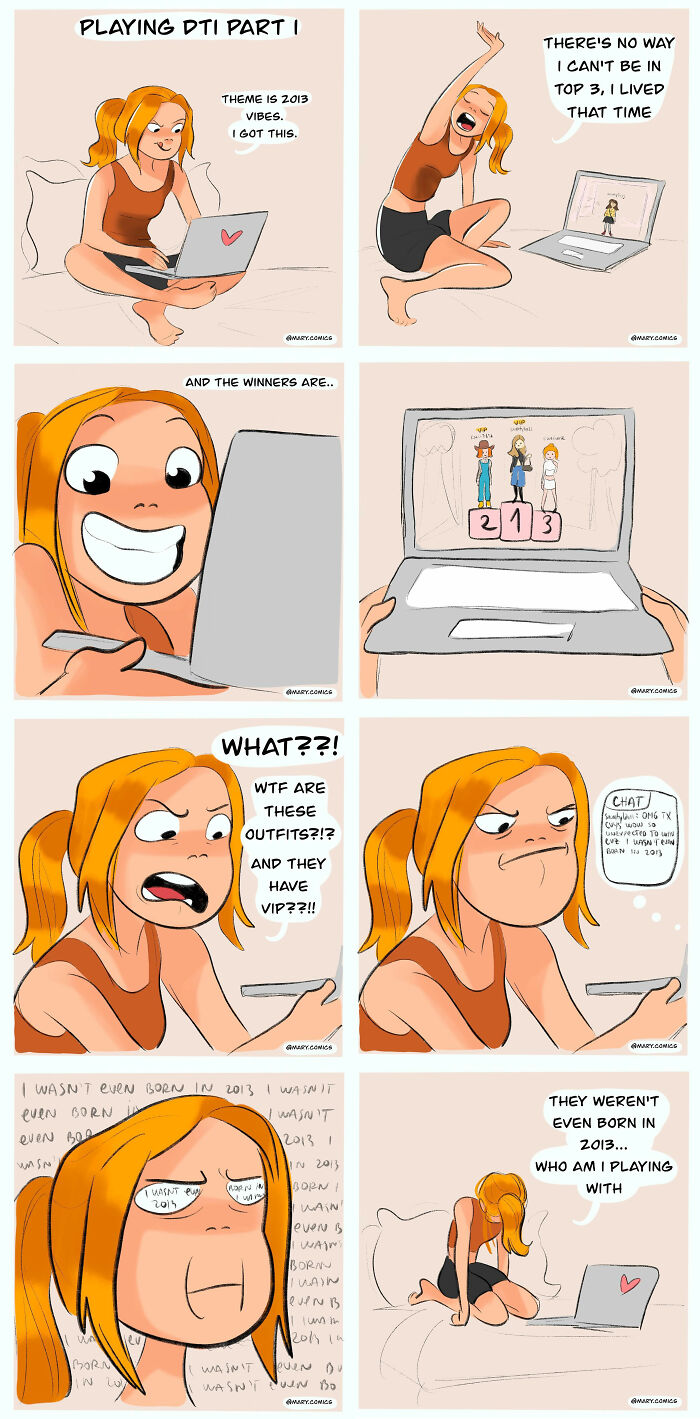 Humorous comic of a young woman reacting to a virtual contest about 2013, surprised at the younger contestants' outfits.