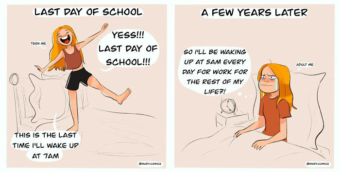 Humorous comic about young people relating to waking up early; excited teen versus tired adult scenario.